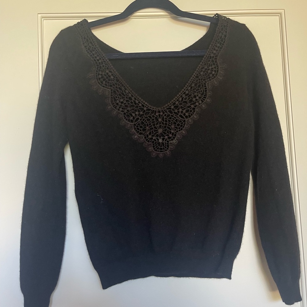 Sezane Black V-Neck Sweater with Lace Detail